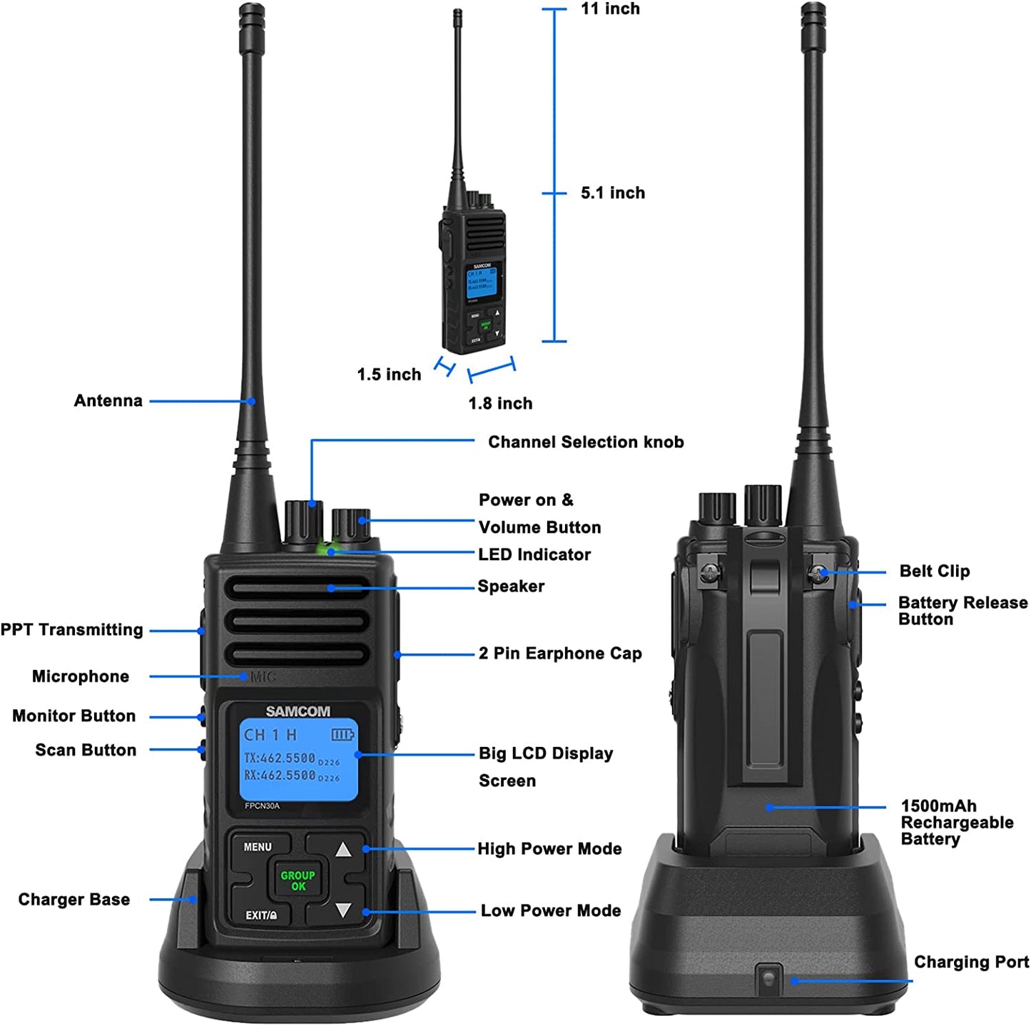 FPCN30A Two Way Radios Long Range 5 Watts Walkie Talkies for Adults Rechargeable 2 Way Radios UHF Programmable Handheld Business Radio 1500Mah Battery with Earpieces,Group Call, 6 Packs