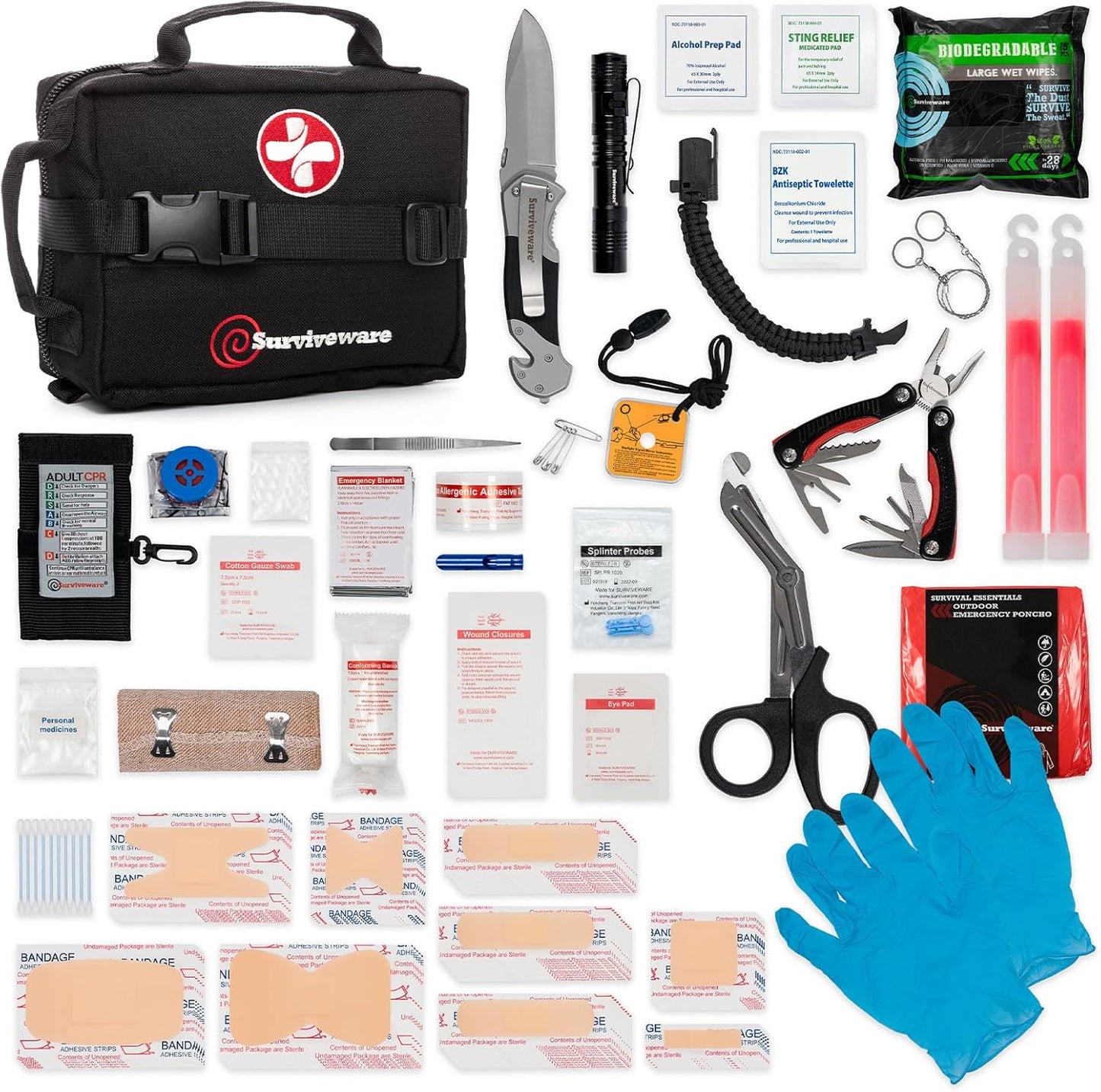 180 Pcs Comprehensive Premium Survival First Aid Kit - Medical Emergency Kit for Travel Camping Gear, Home Essentials & Outdoor Emergencies - HSA & FSA Eligible Survival Kit