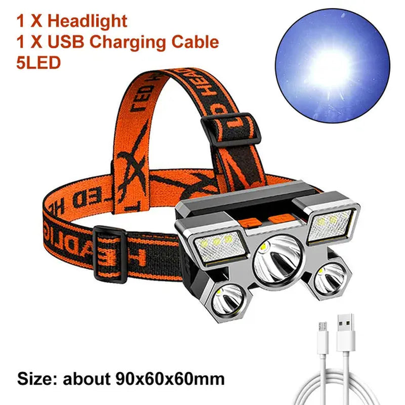 5/7LED Headlamp USB Rechargeable Flashlight Waterproof Camping Hiking Emergency Flashlight Super Bright Outdoor Fishing Headlamp