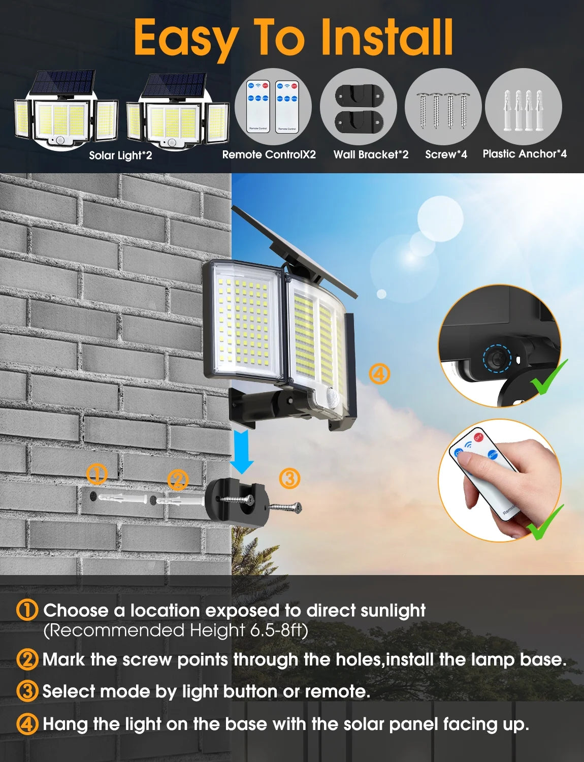 Solar Lights Outdoor , 348 LED 3000LM Solar Motion Sensor Security Lights, Solar Flood Lights with Remote, 3 Lighting Modes Waterproof Solar Wall Lights for Yard,Garage,Patio Entryways, 2Pack