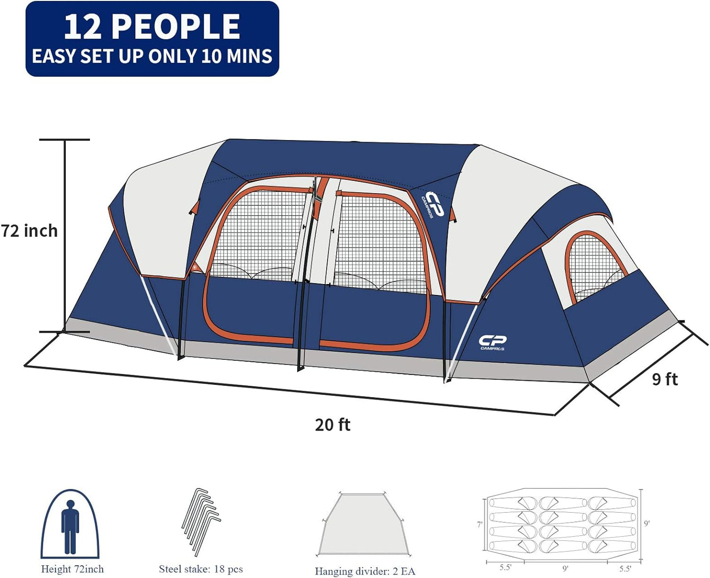 Tent 9/12 Person Camping Tents, 2/3 Room Weather Resistant Family Cabin Tent, 6 Large Mesh Windows, Double Layer, Divided Curtain for Separated Room, Portable with Carry Bag