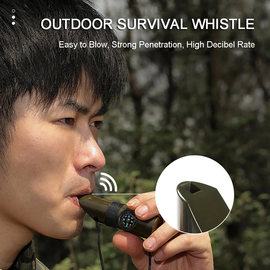 7 in 1 Survival Whistle Portable High Decibel Safety Whistle for Outdoor Camping Hiking Emergency SOS Compass Light Multi Tools