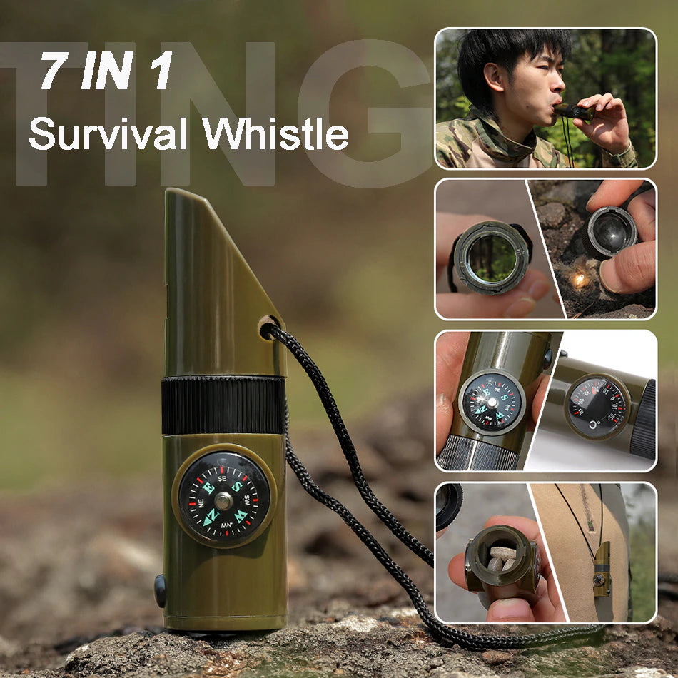 7 in 1 Survival Whistle Portable High Decibel Safety Whistle for Outdoor Camping Hiking Emergency SOS Compass Light Multi Tools