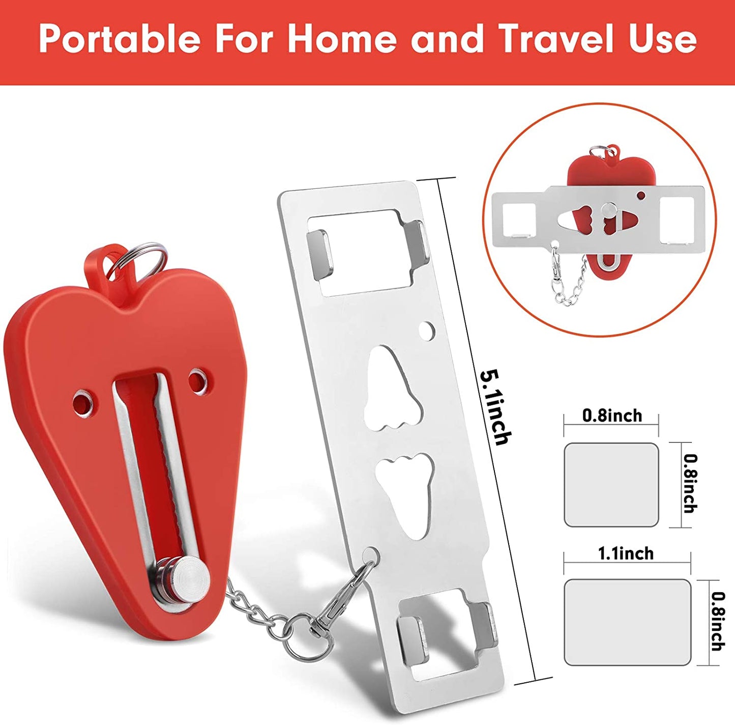 Portable Door Lock,Stainless Steel Travel Door Lock for Security,Portable Security Door Stop (Red)