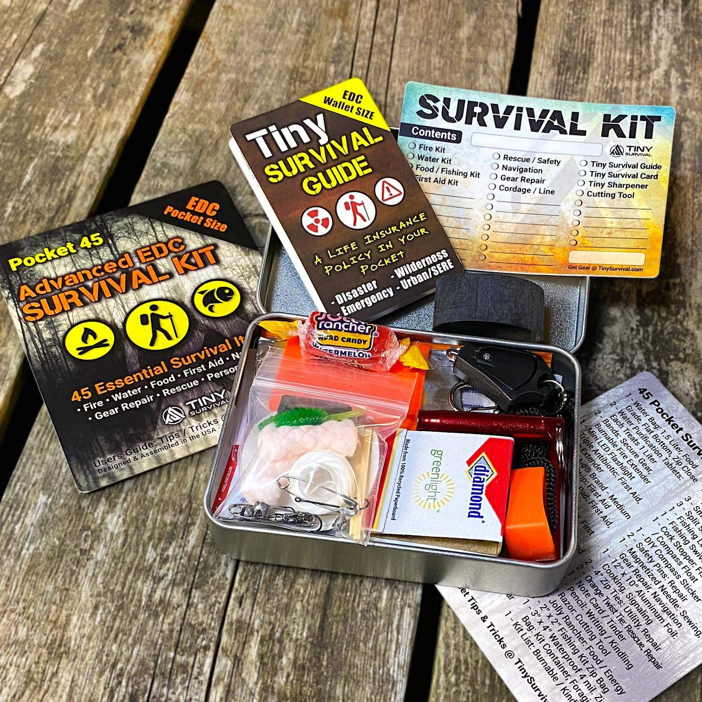 Do-It-Yourself: EDC Survival Kit Bundles: Kit + Tiny Survival Guide + Storage Tin/Emergency, Disaster, Tactical - Great Gift!