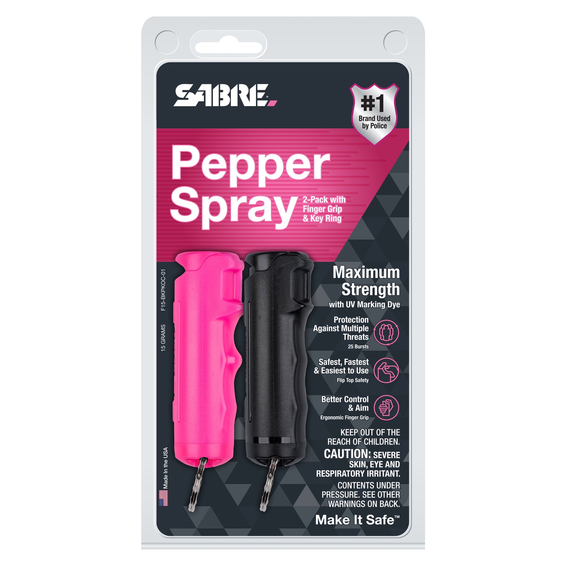 Pepper Spray with Finger Grip and Key Ring, Black and Pink, 2-Pack, 0.2 Lb, 1In X 1In X 3.88In