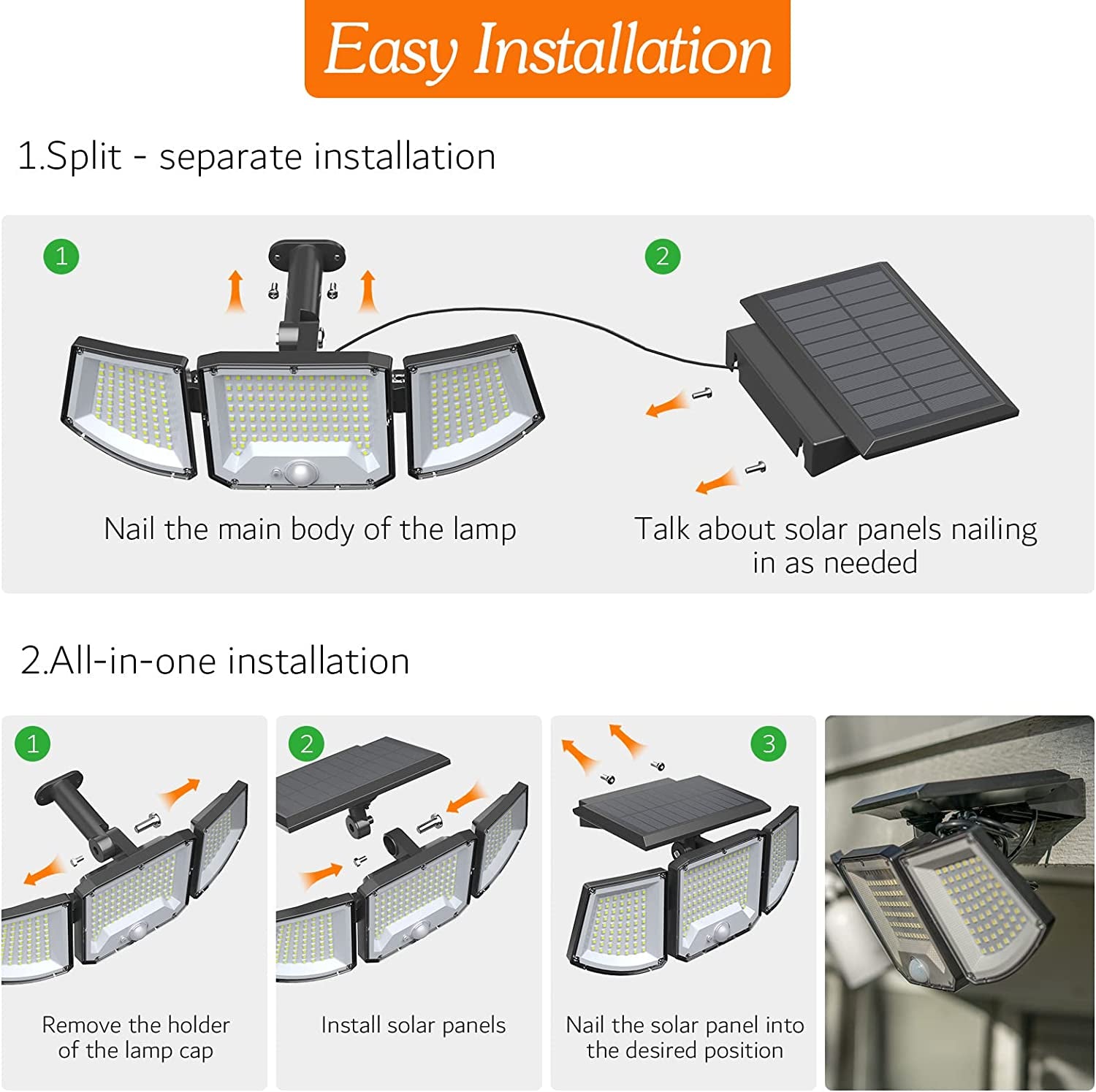 Solar Lights Outdoor, 3 Heads 3000LM Solar Flood Lights Outdoor with Separate Solar Panel, Adjustable Solar Security Lights for Porch Garage Yard Patio