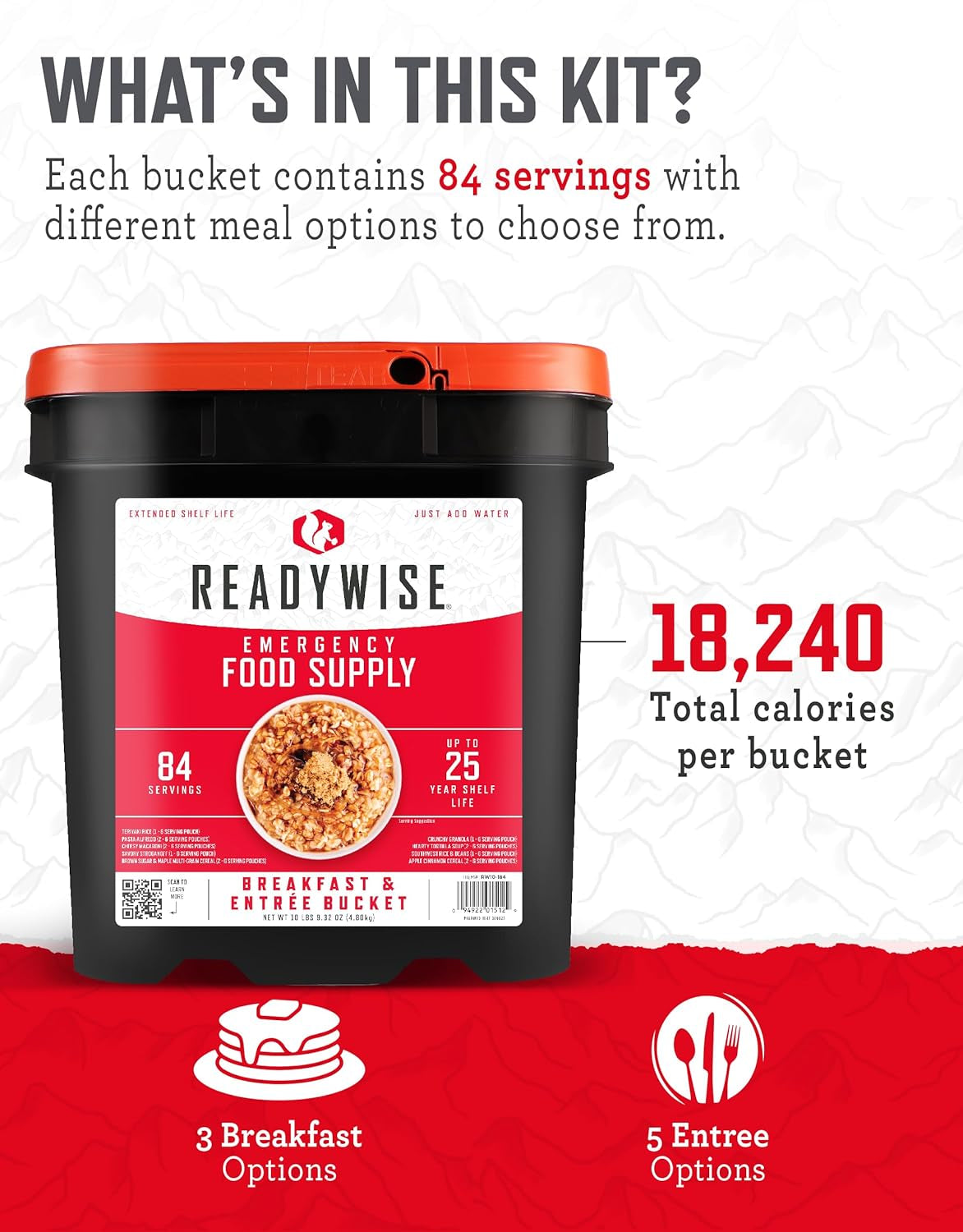 84-Serving Breakfast & Entrée Emergency Food Bucket, Premade Freeze Dried Meals for Camping, Hiking, 25 Year Shelf Life