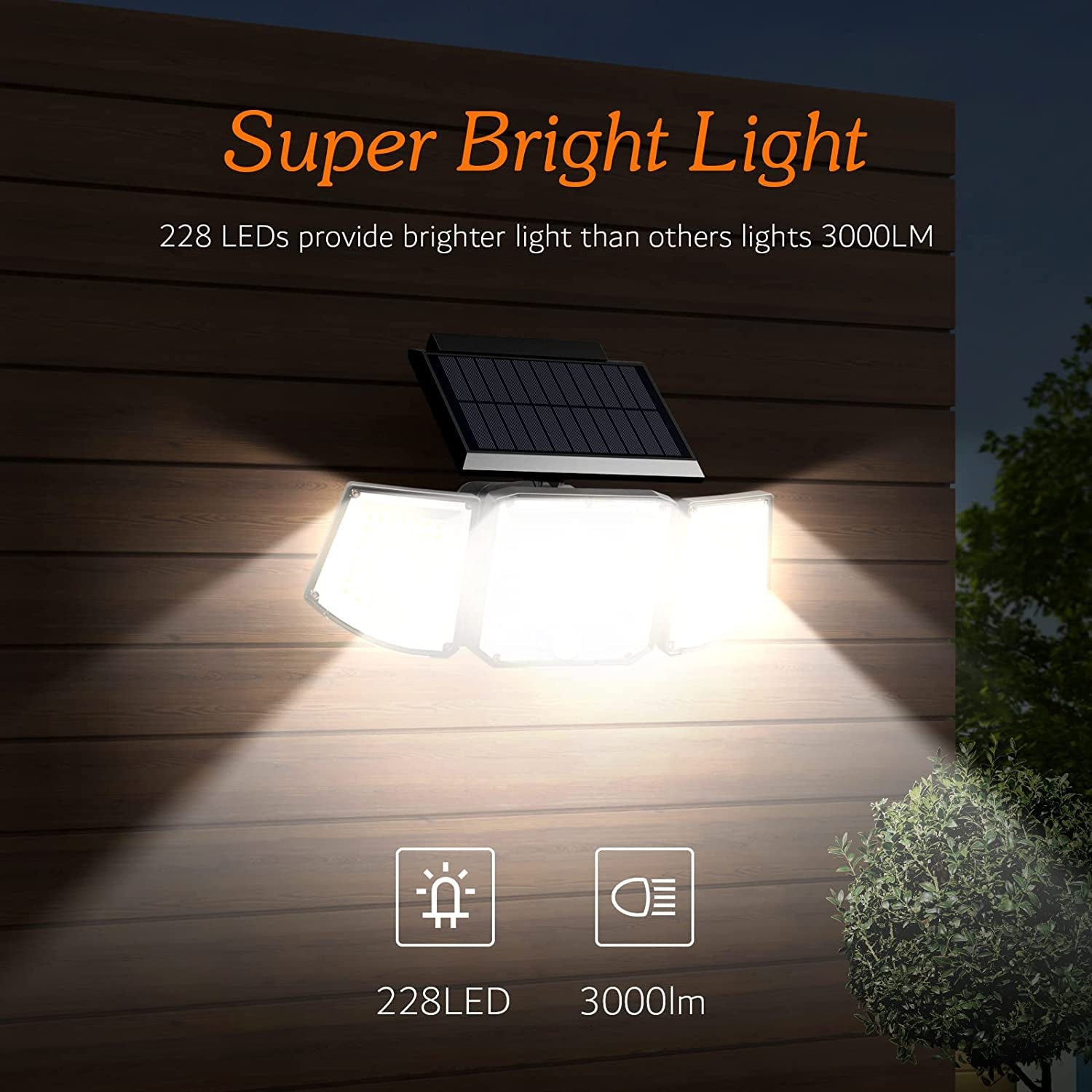 Solar Lights Outdoor, 3 Heads 3000LM Solar Flood Lights Outdoor with Separate Solar Panel, Adjustable Solar Security Lights for Porch Garage Yard Patio