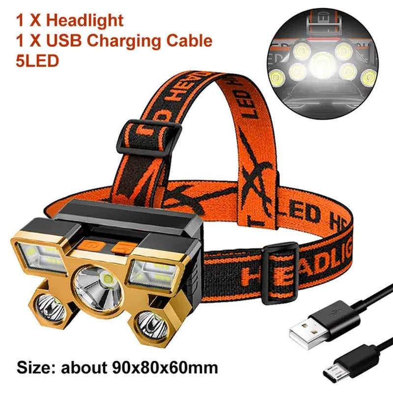 5/7LED Headlamp USB Rechargeable Flashlight Waterproof Camping Hiking Emergency Flashlight Super Bright Outdoor Fishing Headlamp