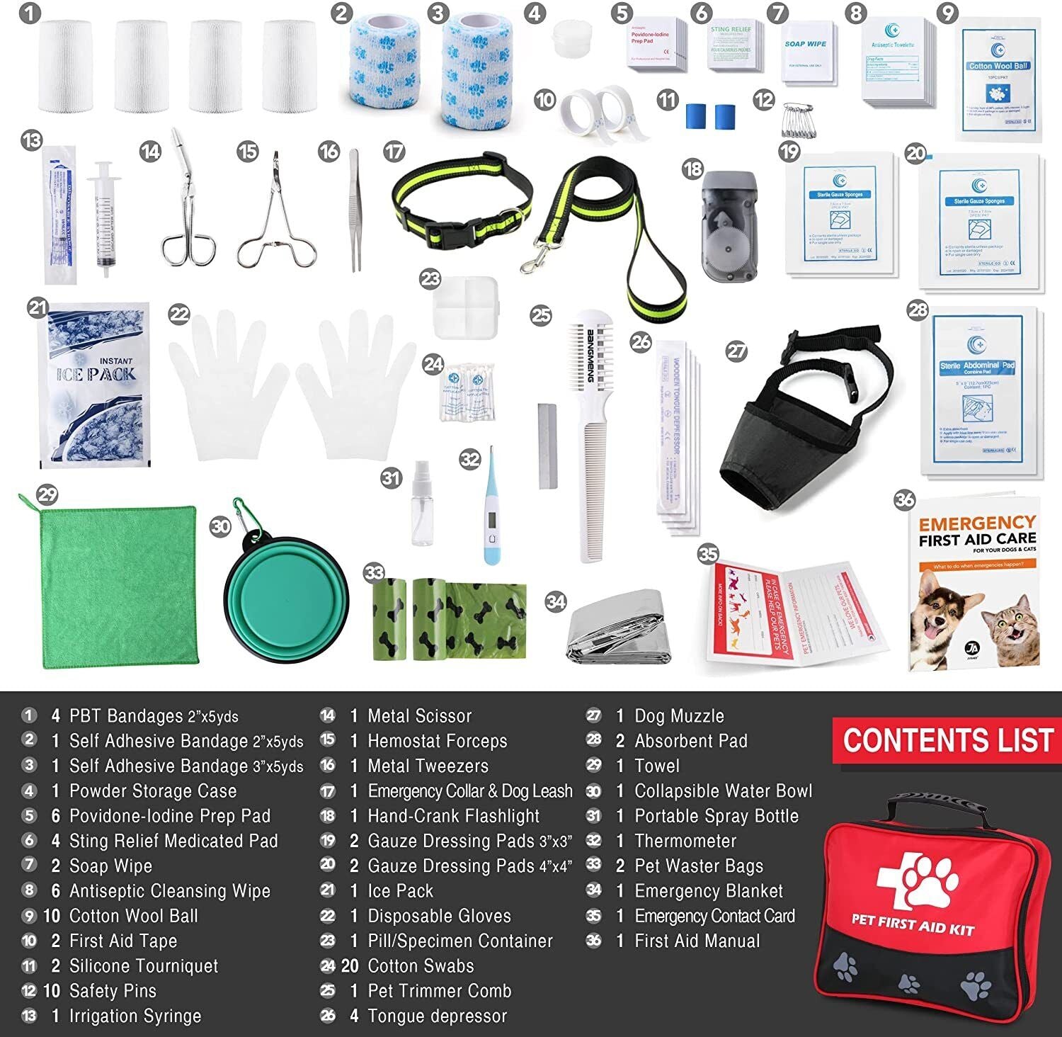 Pet First Aid Kit with Emergency Collar & Leash Dogs Cats for Home Office Travel