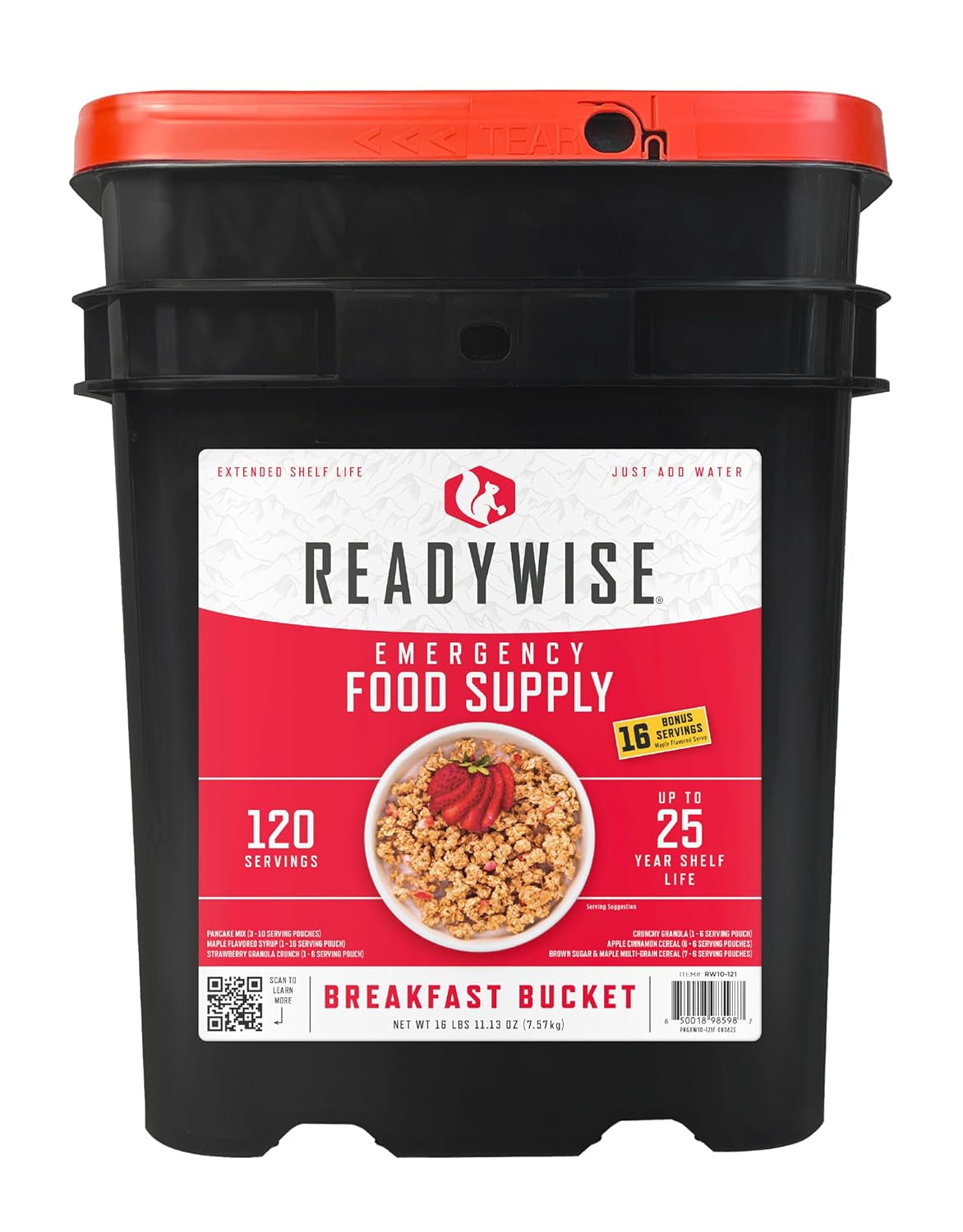 84-Serving Breakfast & Entrée Emergency Food Bucket, Premade Freeze Dried Meals for Camping, Hiking, 25 Year Shelf Life