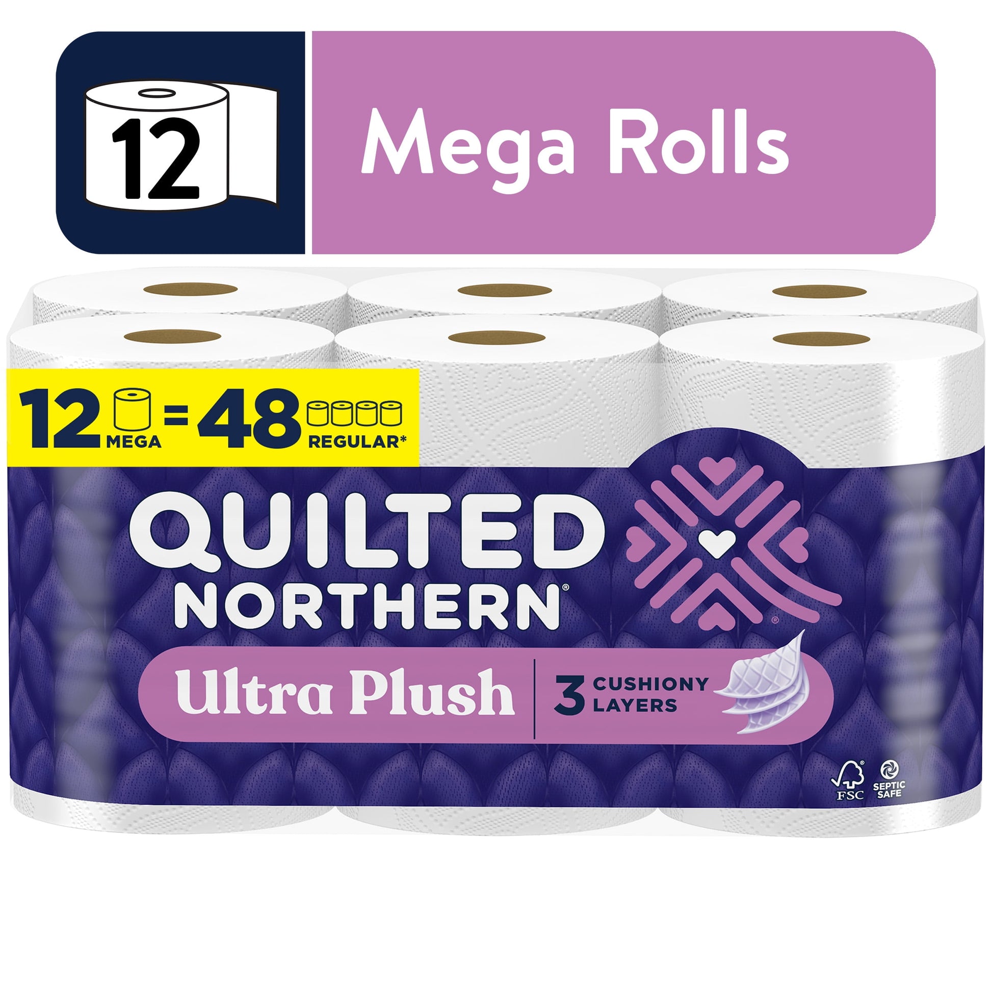 Ultra Plush 12 Mega Rolls, 3X More Absorbent*, Luxurious Soft Toilet Paper