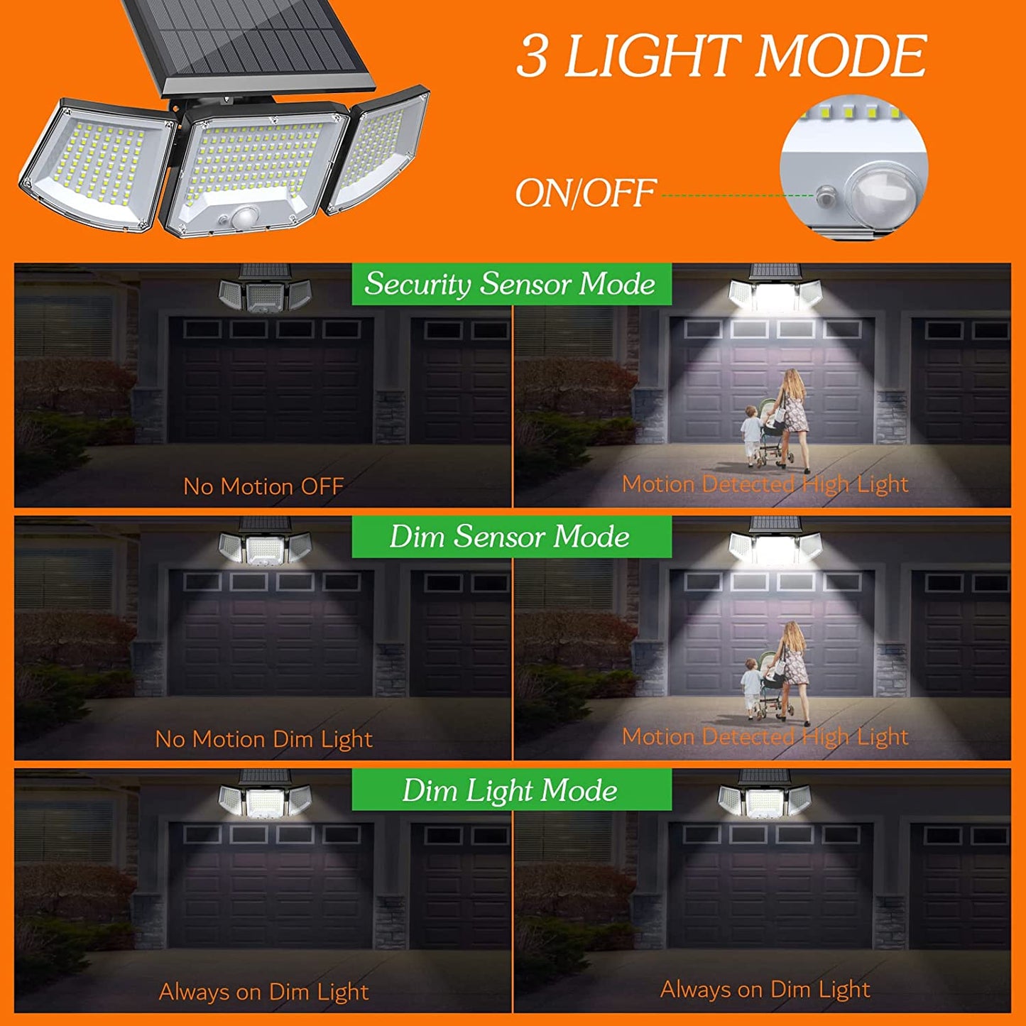 Solar Lights Outdoor, 3 Heads 3000LM Solar Flood Lights Outdoor with Separate Solar Panel, Adjustable Solar Security Lights for Porch Garage Yard Patio