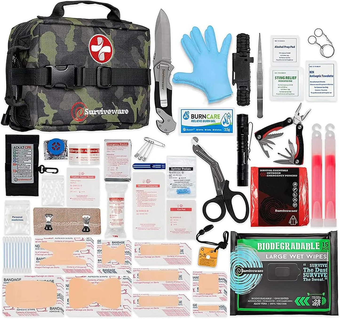 180 Pcs Comprehensive Premium Survival First Aid Kit - Medical Emergency Kit for Travel Camping Gear, Home Essentials & Outdoor Emergencies - HSA & FSA Eligible Survival Kit