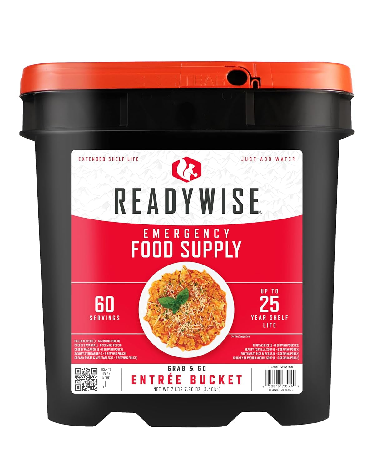 84-Serving Breakfast & Entrée Emergency Food Bucket, Premade Freeze Dried Meals for Camping, Hiking, 25 Year Shelf Life