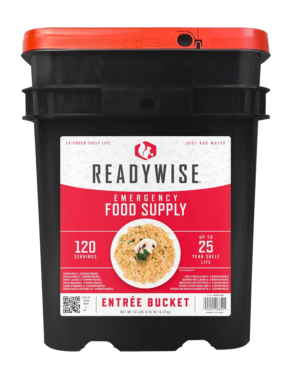 84-Serving Breakfast & Entrée Emergency Food Bucket, Premade Freeze Dried Meals for Camping, Hiking, 25 Year Shelf Life