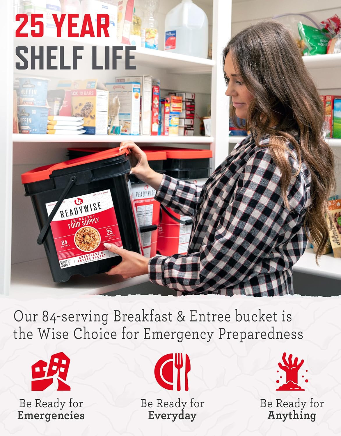 84-Serving Breakfast & Entrée Emergency Food Bucket, Premade Freeze Dried Meals for Camping, Hiking, 25 Year Shelf Life