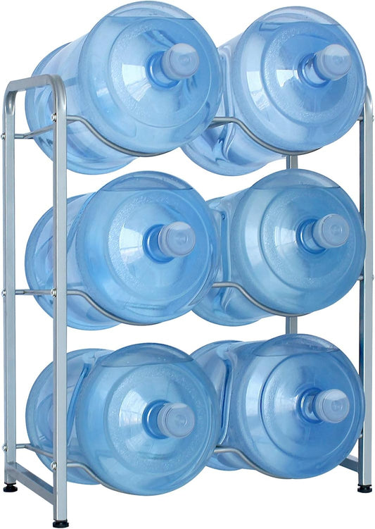 5-Gallon Water Bottle Holder, 3-Tier Heavy Duty Carbon Steel Water Cooler Jug Rack for 6 Bottles, Free-Standing Detachable Water Bottle Storage Organizer for Office, Breakroom, Kitchen, Silver