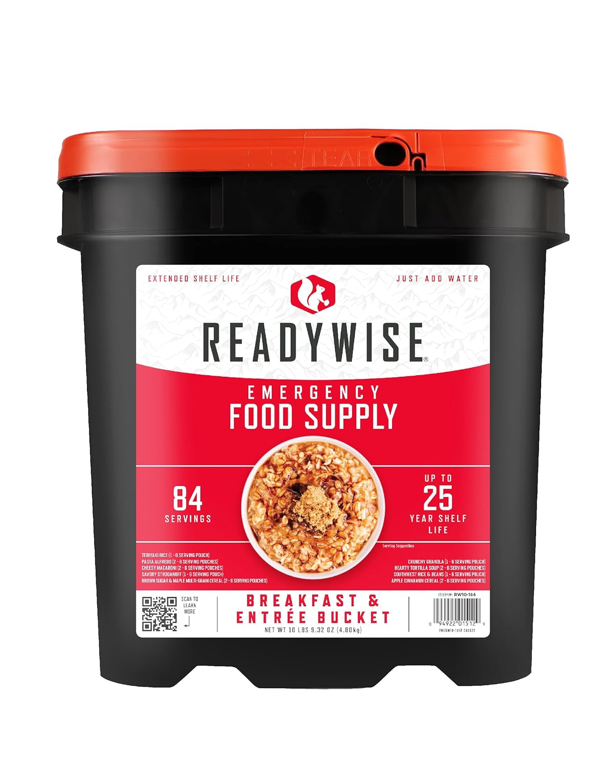 84-Serving Breakfast & Entrée Emergency Food Bucket, Premade Freeze Dried Meals for Camping, Hiking, 25 Year Shelf Life