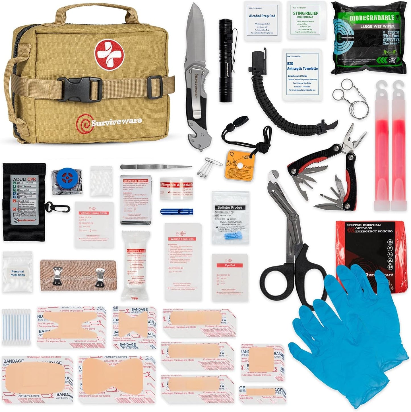 180 Pcs Comprehensive Premium Survival First Aid Kit - Medical Emergency Kit for Travel Camping Gear, Home Essentials & Outdoor Emergencies - HSA & FSA Eligible Survival Kit