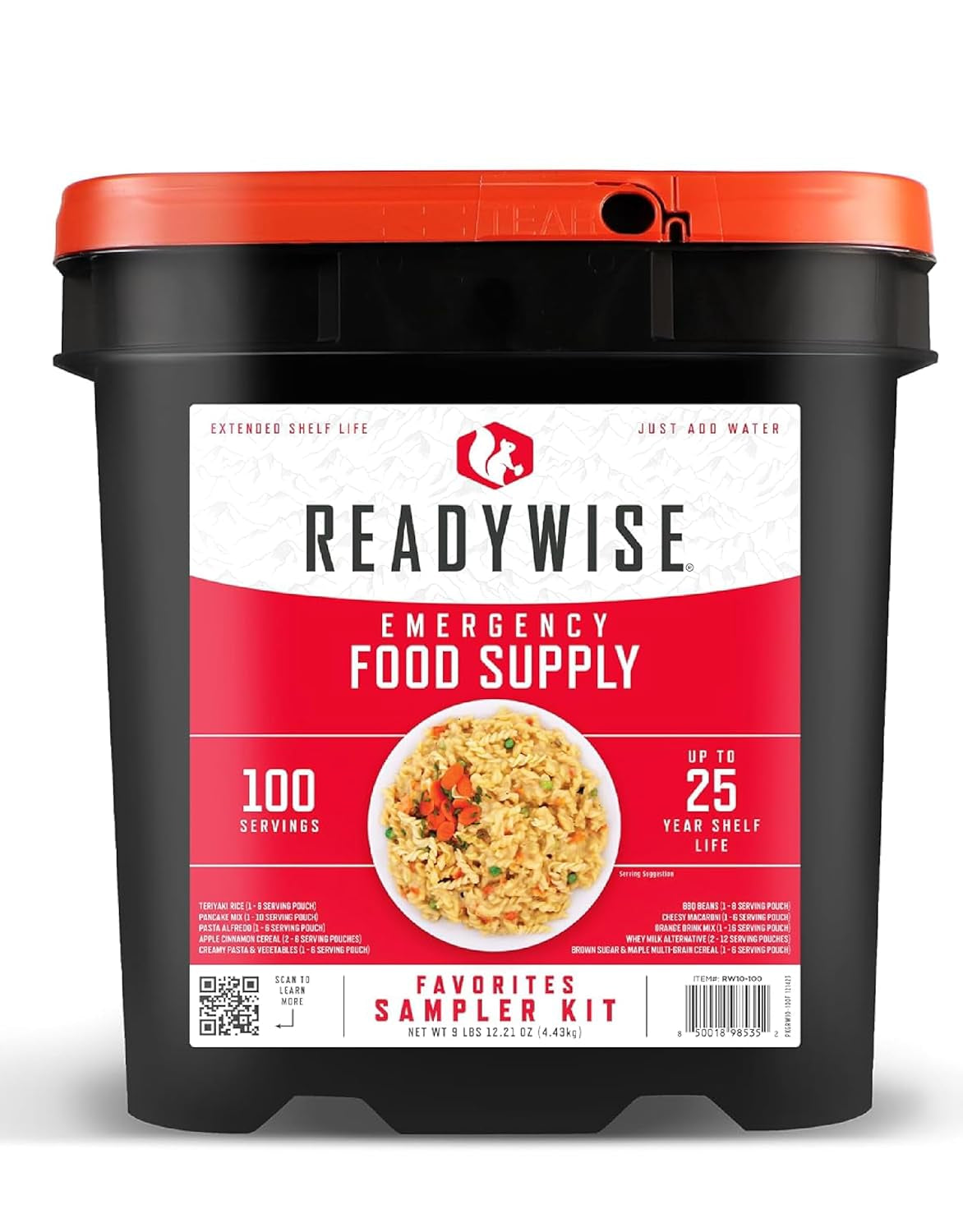 84-Serving Breakfast & Entrée Emergency Food Bucket, Premade Freeze Dried Meals for Camping, Hiking, 25 Year Shelf Life